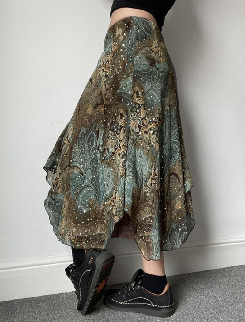 Asymmetrical Paisley Midi Skirt
