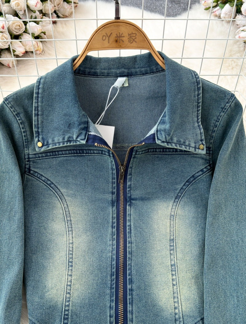 Collared Denim Jacket and Skirt Set