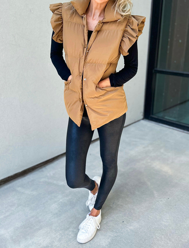 Ruffle Trim Quilted Sleeveless Vest