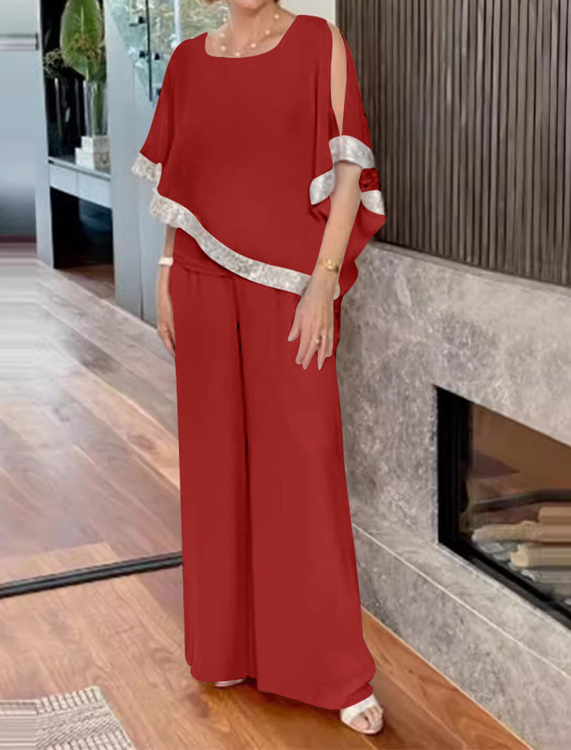 Sequin Color-Block Batwing Sweater and Wide-Leg Pants Set