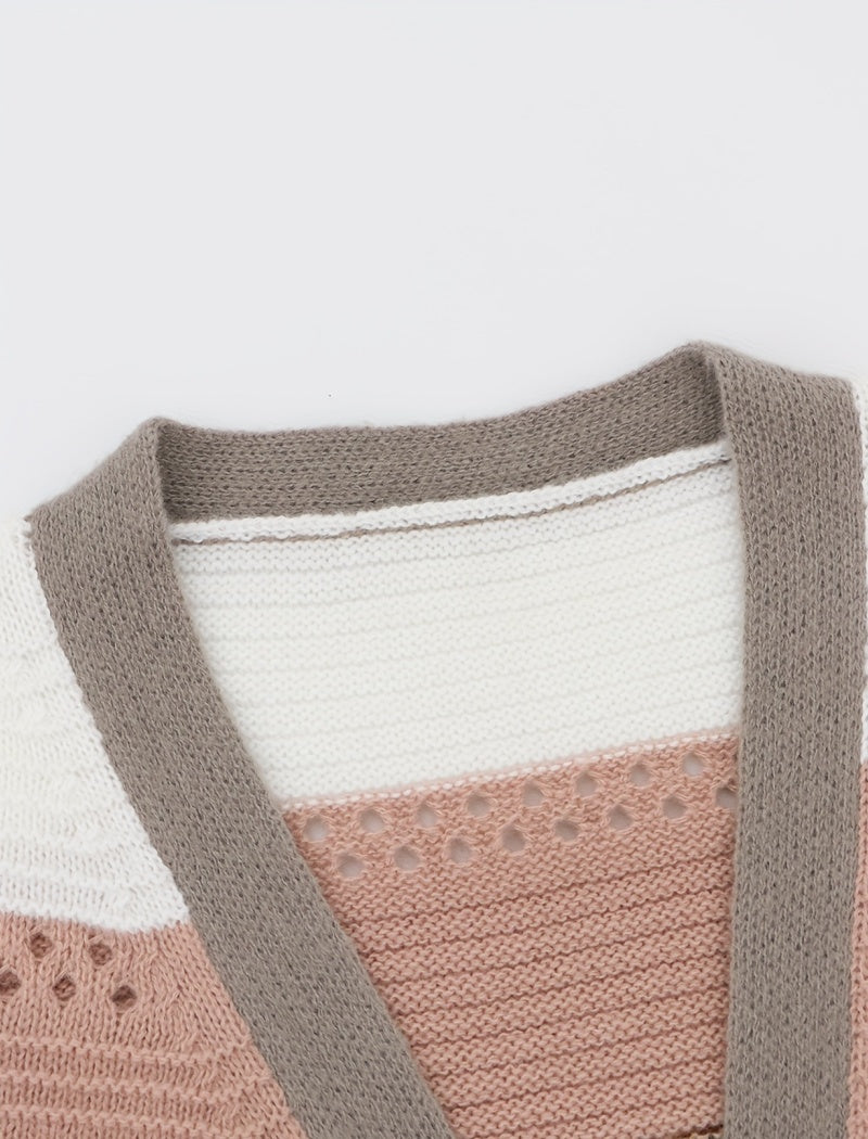 Striped Patchwork Knit Cardigan with Open Front