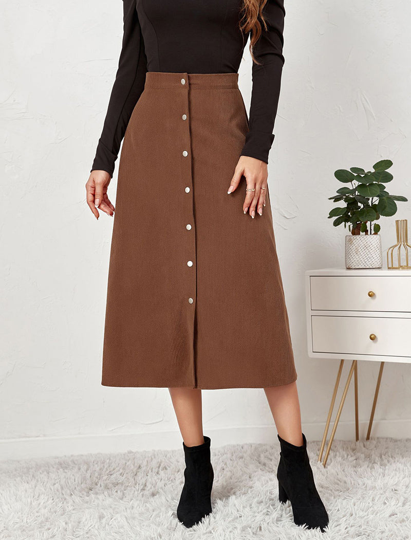 Button-Front A-Line Midi Skirt