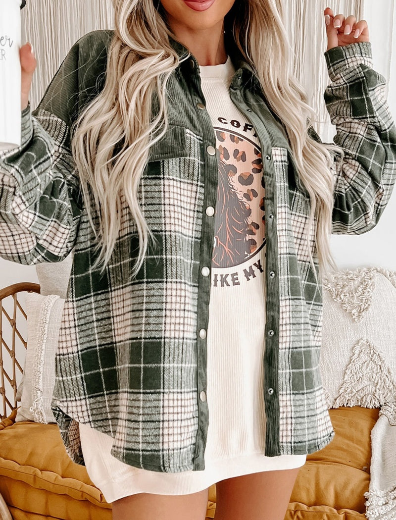 Plaid Color-Blocked Shirt Jacket