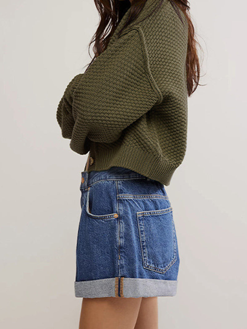 Cropped Button-Up Textured Sweater