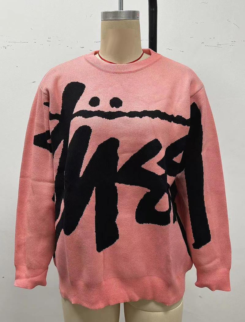 Letter Print Solid Crew Neck Sweater