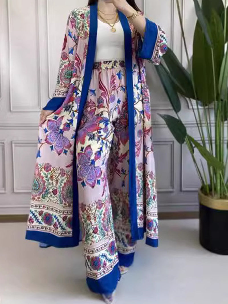 Floral Print Open Front Kimono and Wide-Leg Pants Set