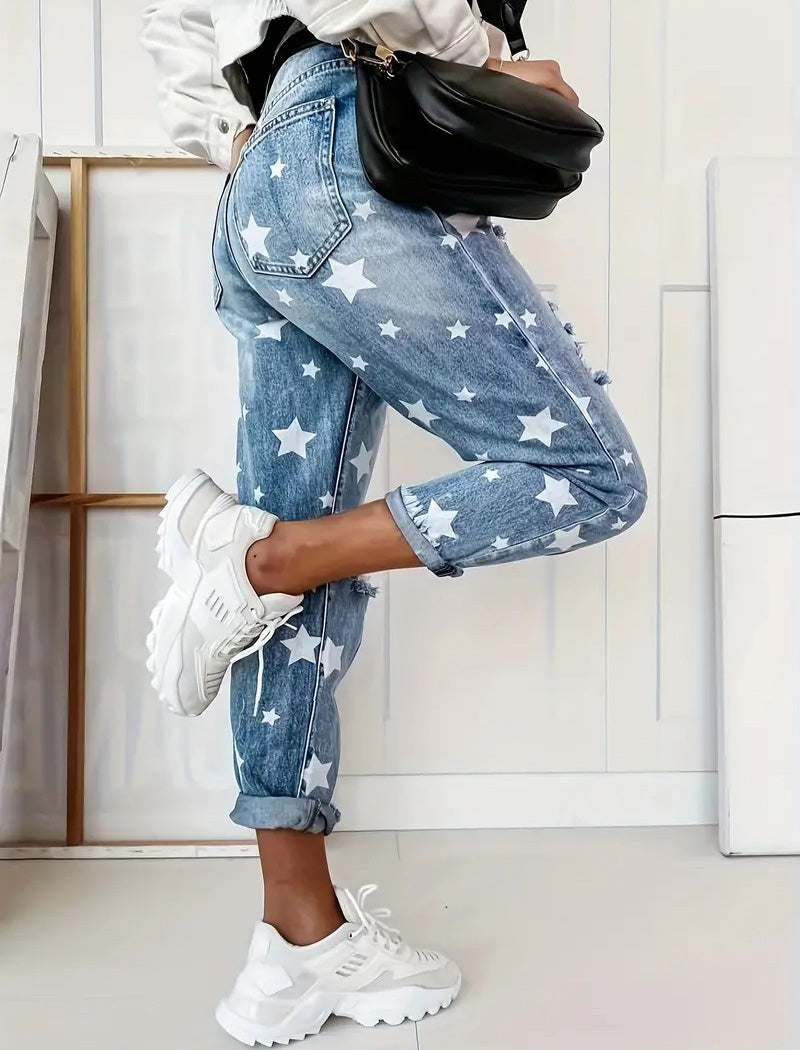 Star Print Distressed Boyfriend Jeans