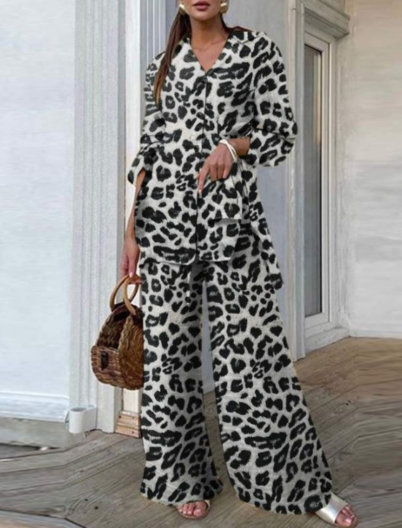 Leopard Print Button-Up Two-Piece Set