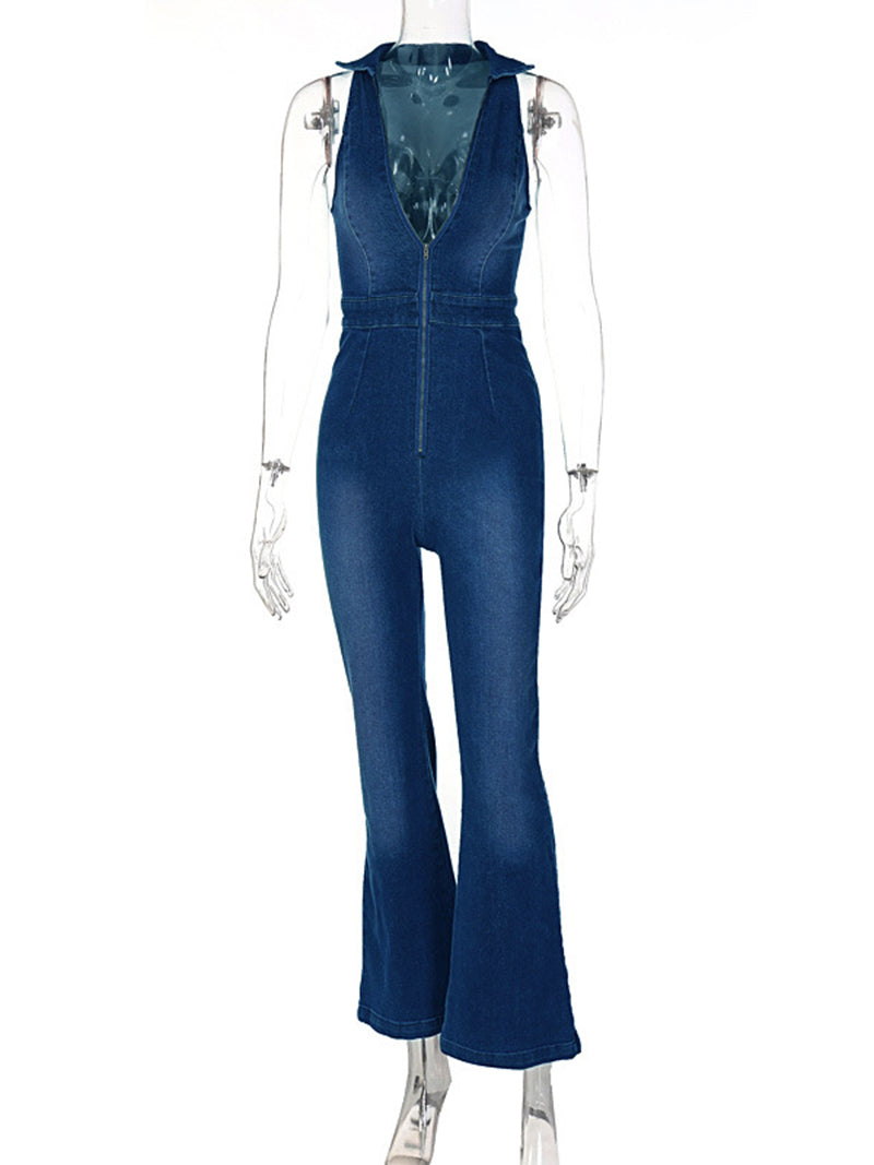 V-Neck Denim Jumpsuit
