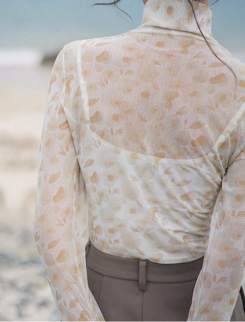 Semi-High Neck Printed Gradient Long Sleeve T-Shirt