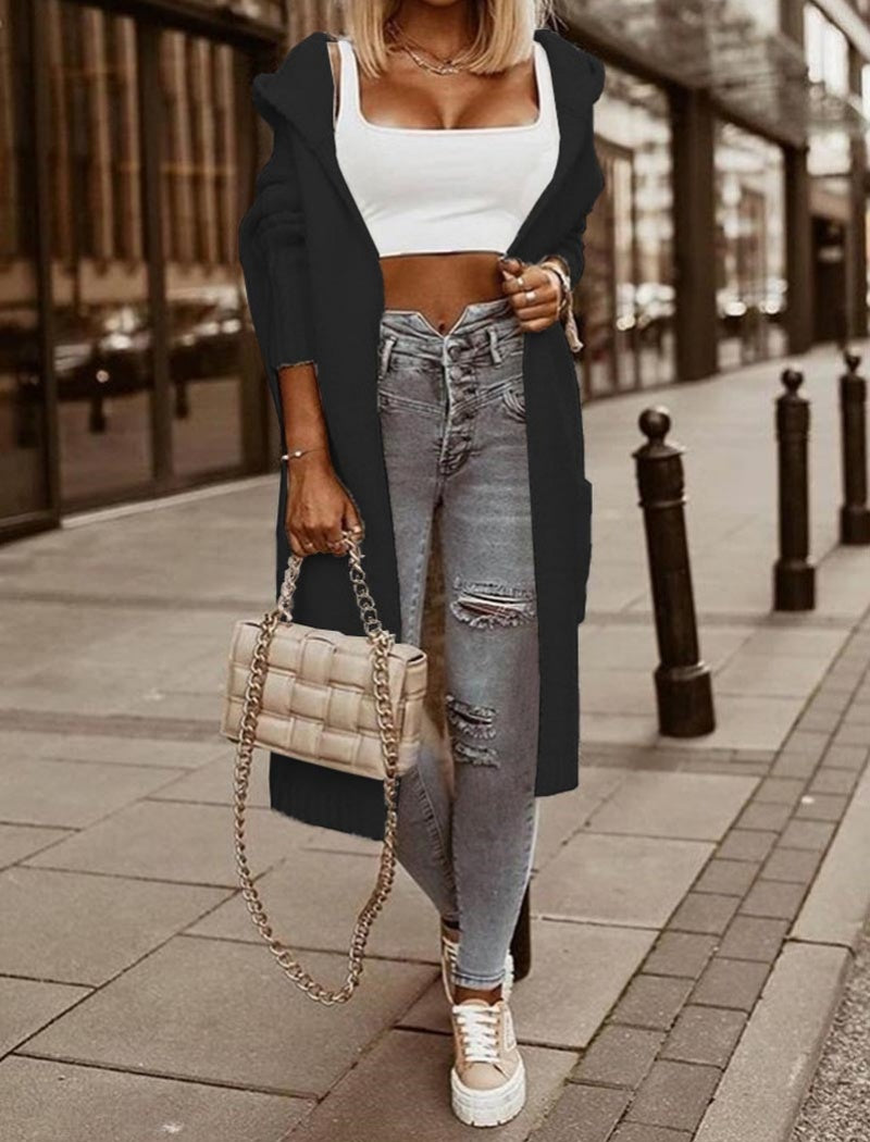 Solid Color Hooded Mid-Length Knit Cardigan