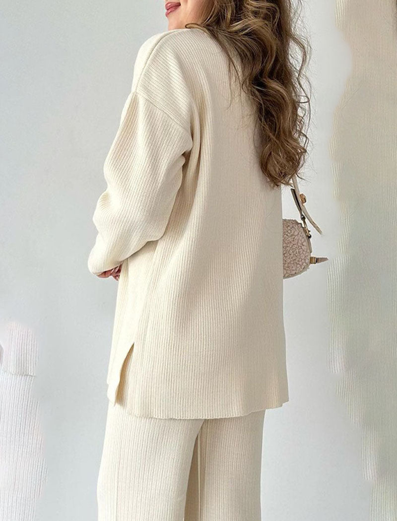 Ribbed Knit Lapel Sweater and Pants Set