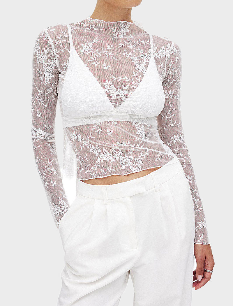 Sheer Floral Lace Long Sleeve Top