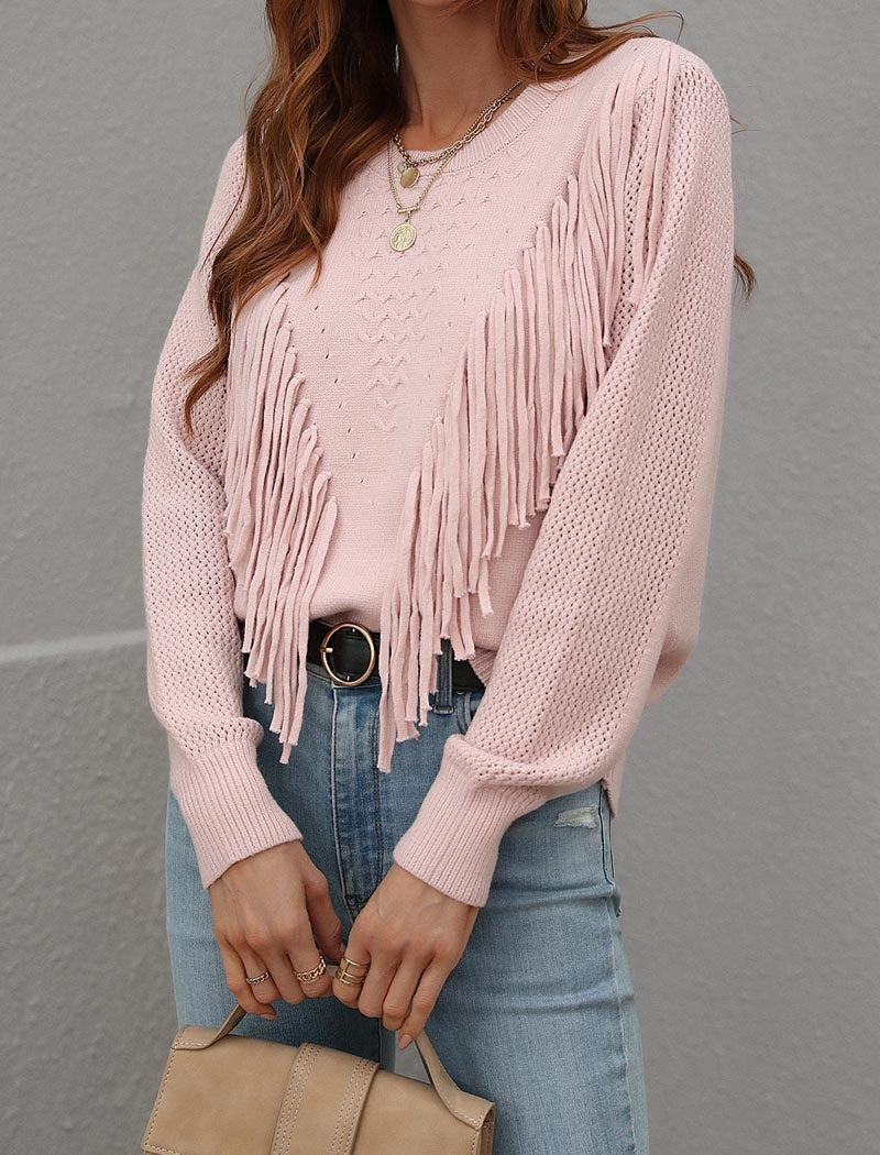 Fringe Accent Knit Crew Neck Sweater