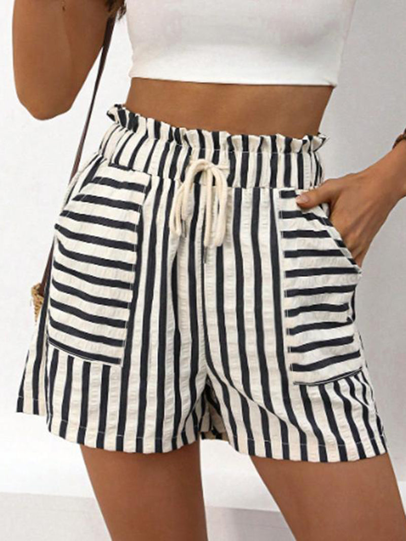 High-Waisted Drawstring Striped Shorts