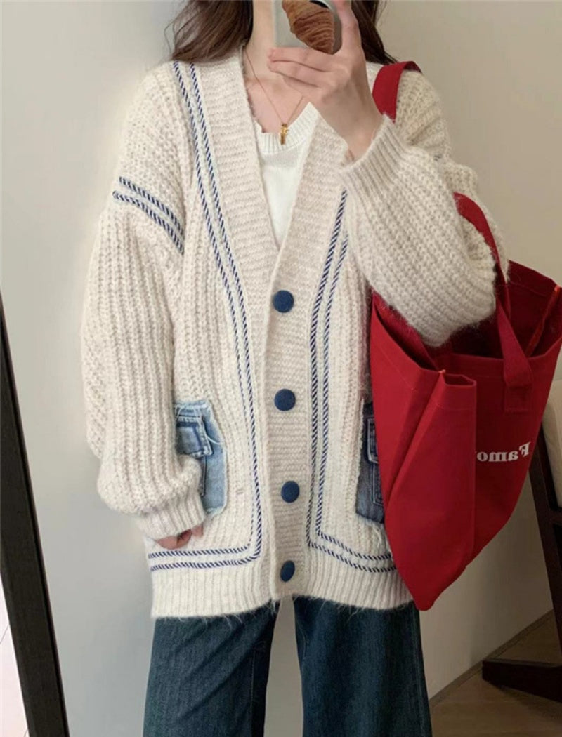 Knit Cardigan with Denim Patch Pockets