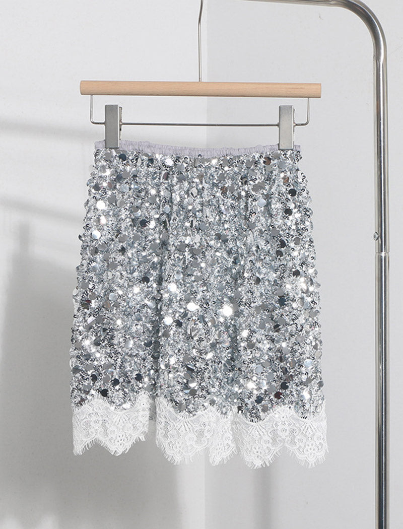 Glitter Sequin Lace Hem Mini Skirt