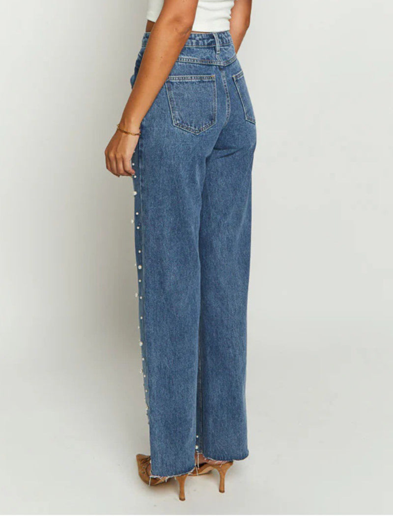 Pearl Embellished Straight-Leg Jeans
