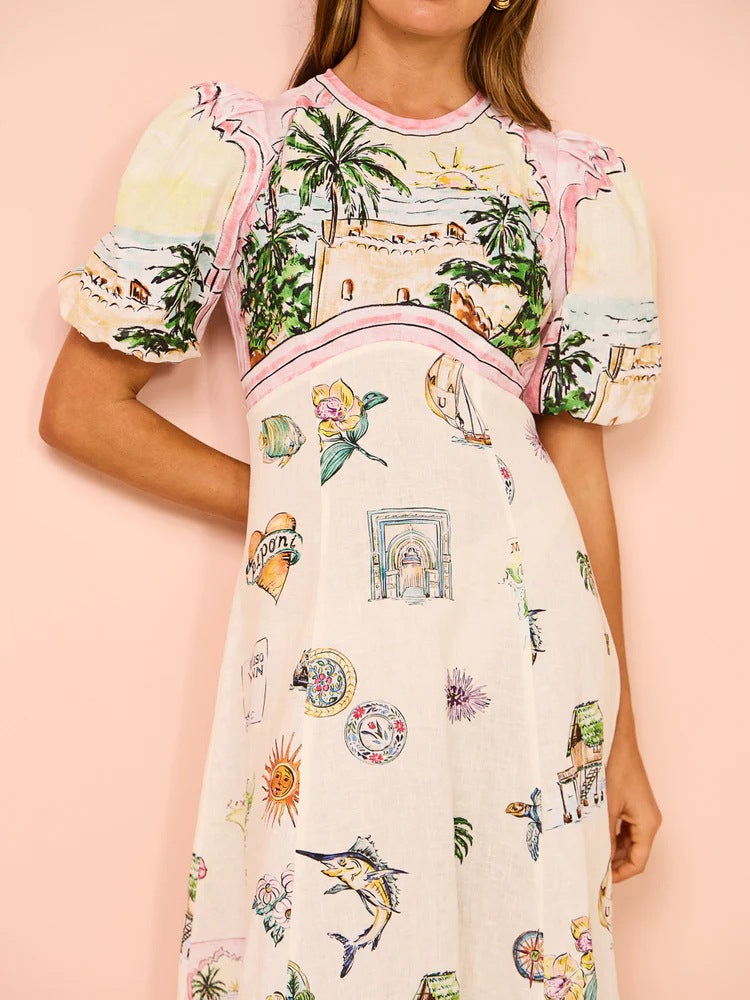 Ocean Print Smocked Midi Dress