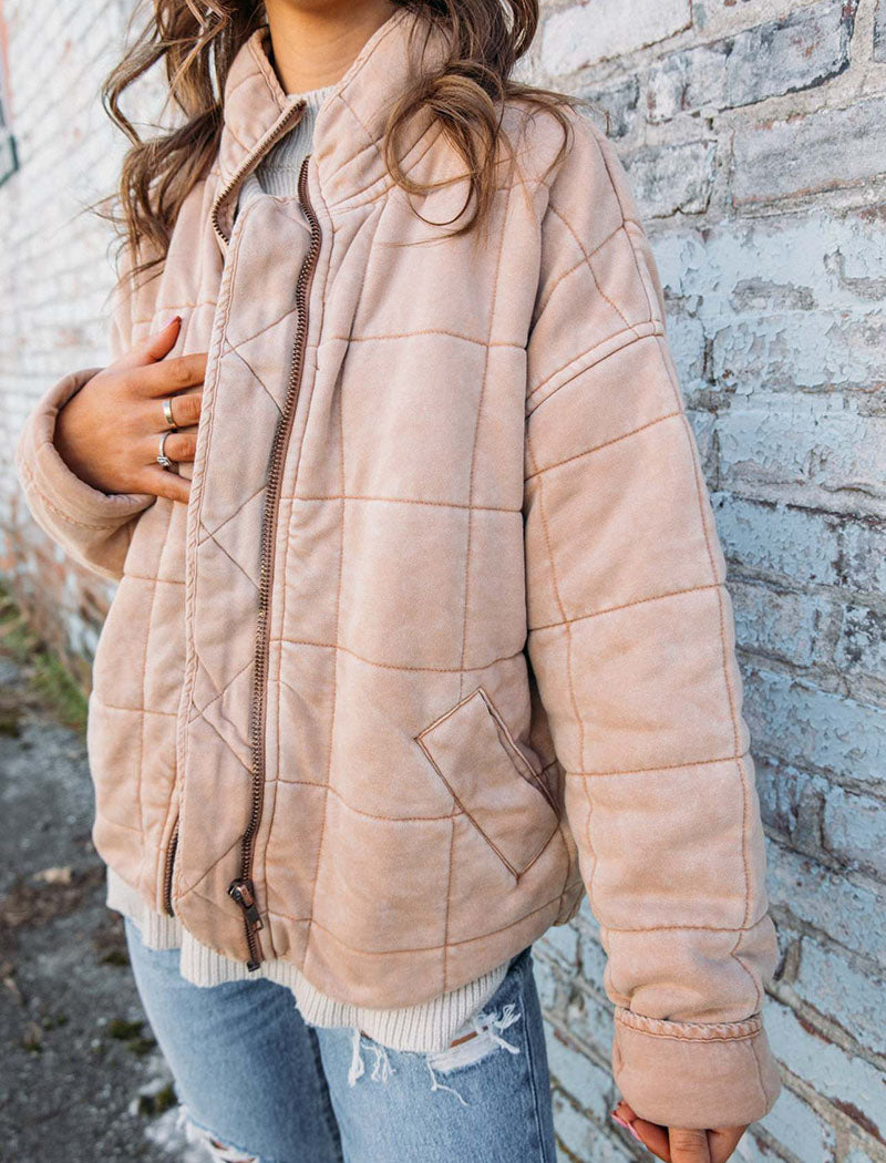 Quilted Zip-Up Jacket with Stand Collar