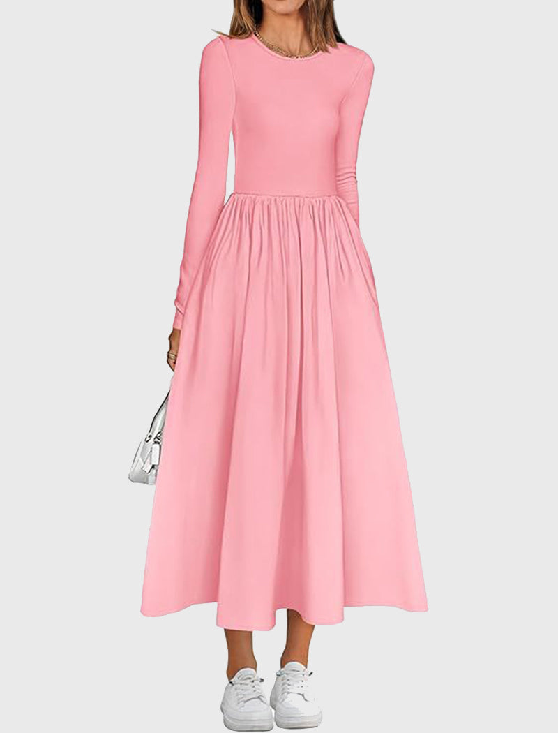 Long-Sleeve Pleated Midi Dress