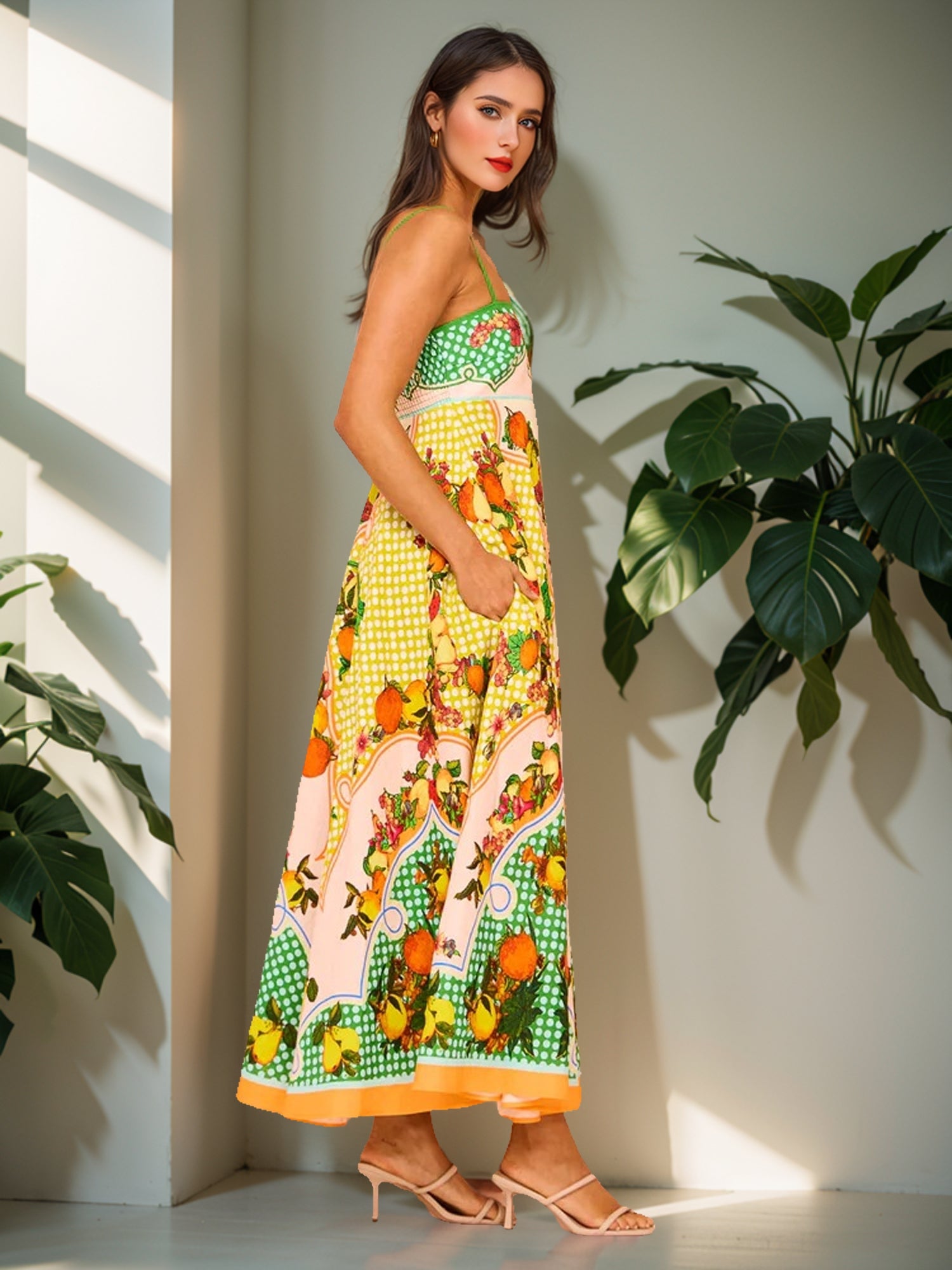 Graphic Print Smocked Maxi Cami Dress