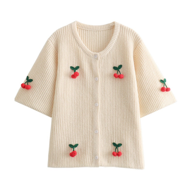 V-Neck Cherry Decor Knit Cardigan