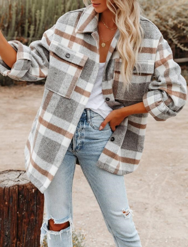 Notch Collar Loose Checkered Coat