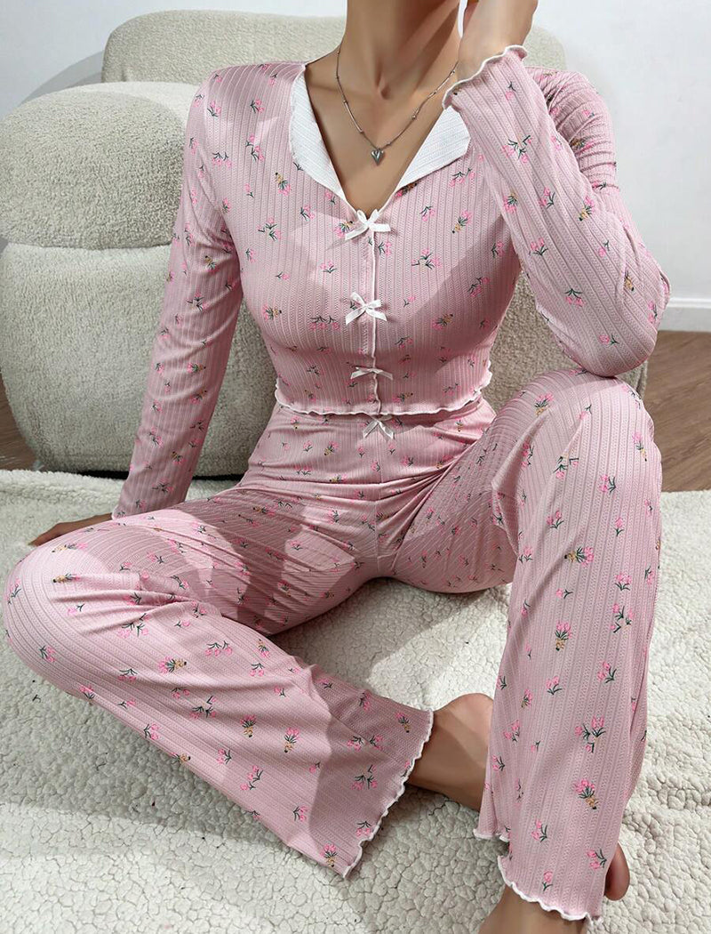 Bow Tie Collar Rolled-Cuff Long Sleeve Pajama Set