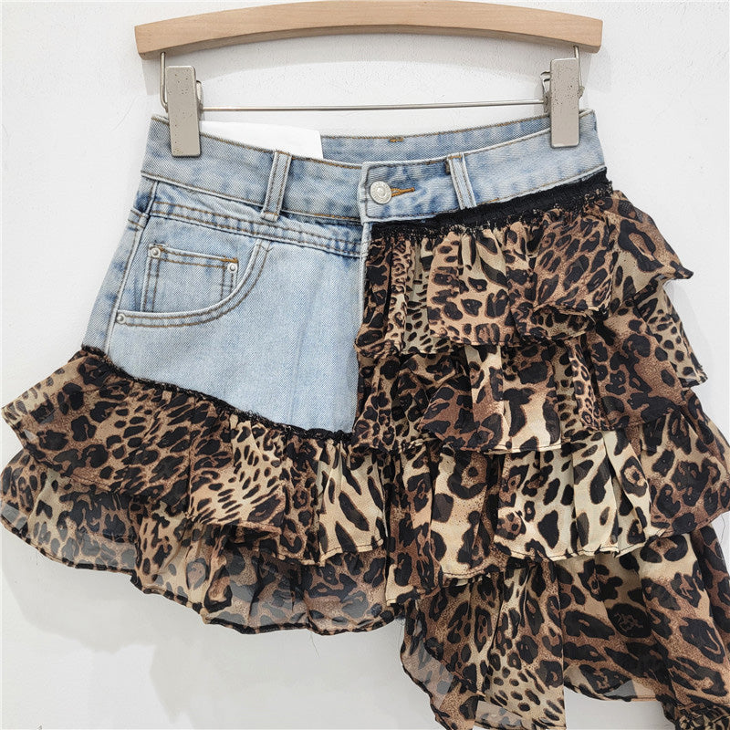 Asymmetrical Denim & Animal Print Ruffle Skirt