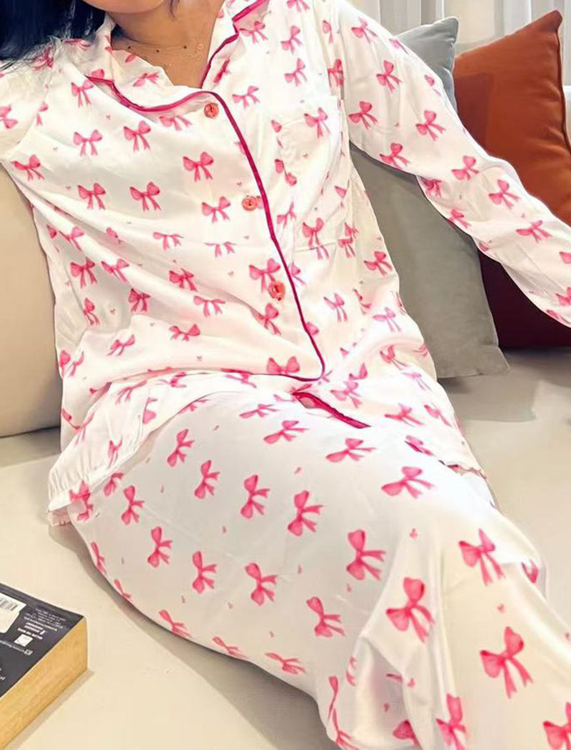 Bow Print Button-Up Pajama Set