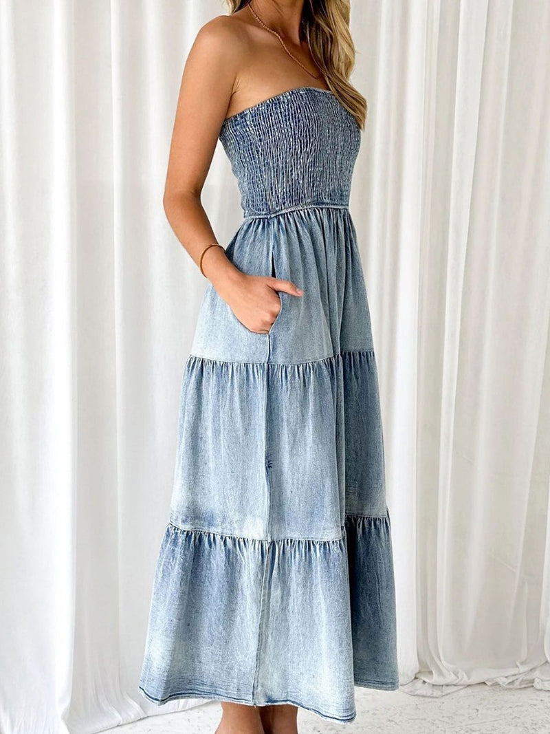 Smocked Strapless Tiered Slit Dress