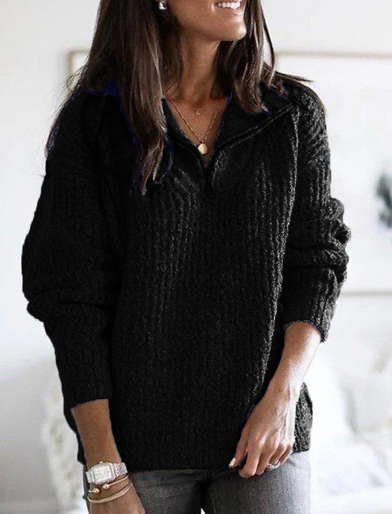 Zip-Up Textured Sweater with Ribbed Trim