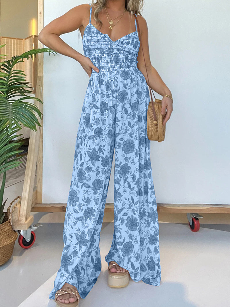 Floral Print Smocked Wide-Leg Jumpsuit