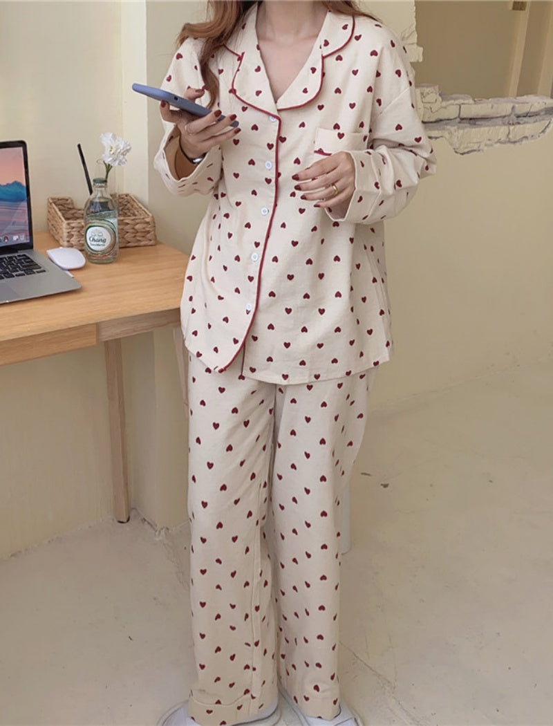 Brushed Heart Print Long Sleeve Pajamas