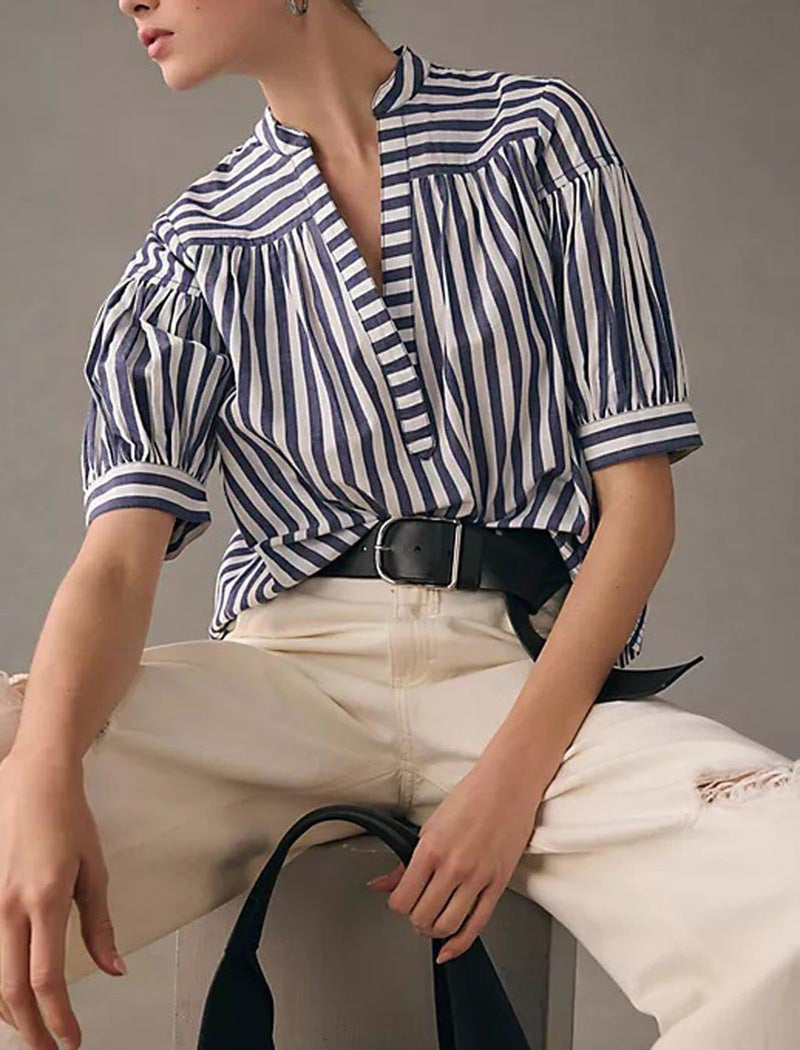Striped V-Neck Puff Sleeve Blouse