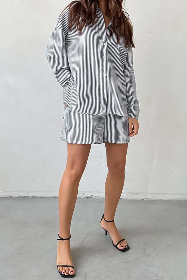 Striped Button-Up Shirt and Shorts Set