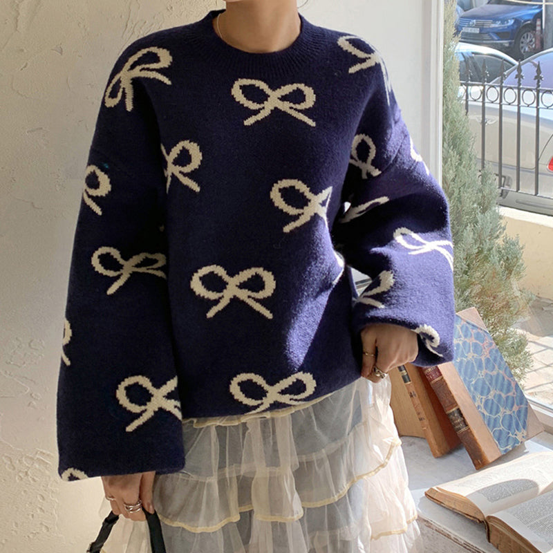 Round Neck Jacquard Bow Tie Long Sleeve Sweater
