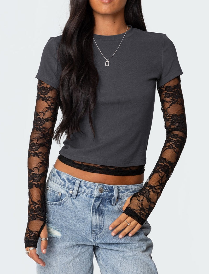 Faux Two-Piece Long Sleeve Crewneck Tee