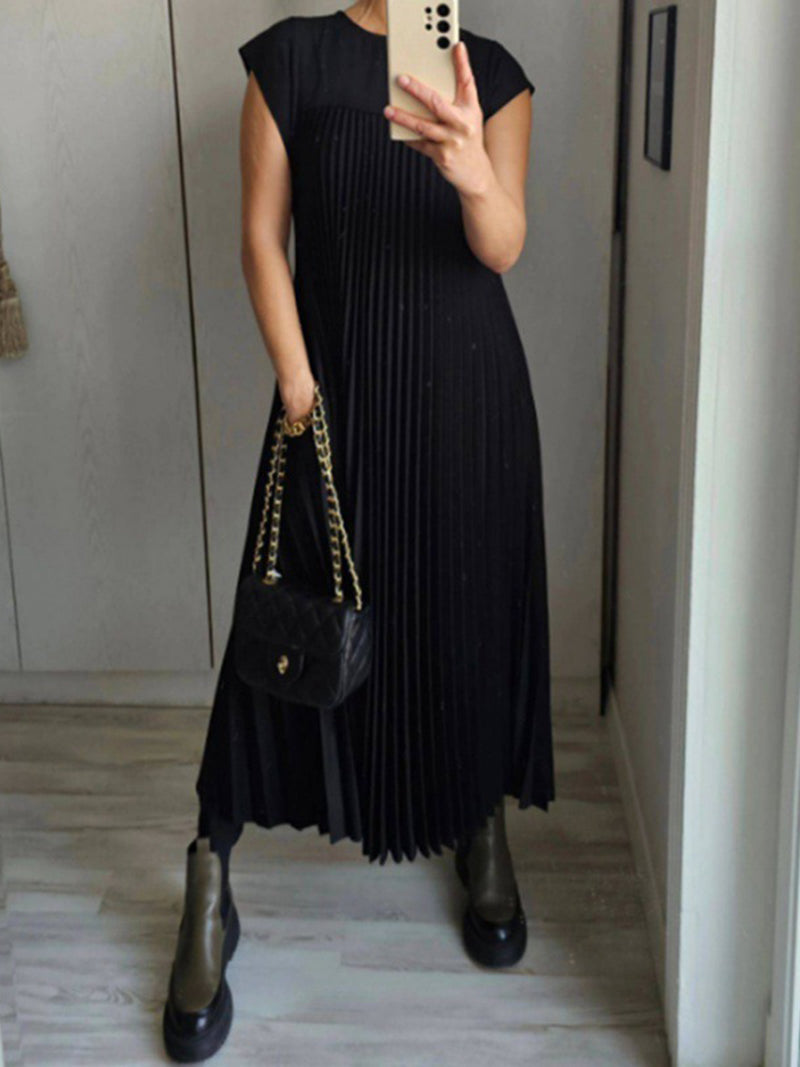 Pleated Cap-Sleeve Maxi Dress