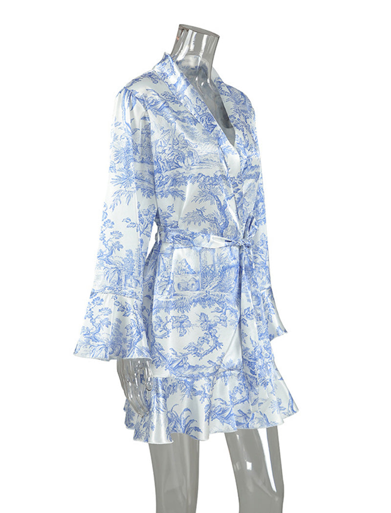 Printed Ruffle Sleeve Satin Robe