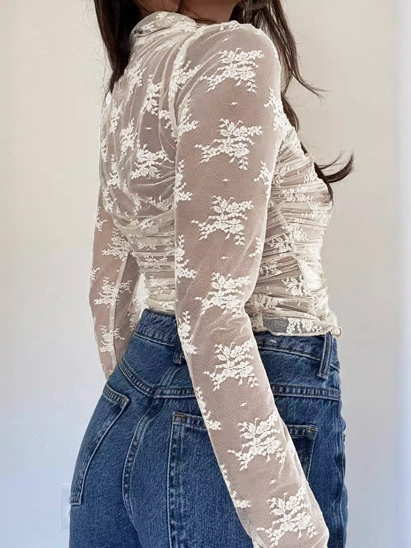 Ruched Sheer Lace Long-Sleeve Top