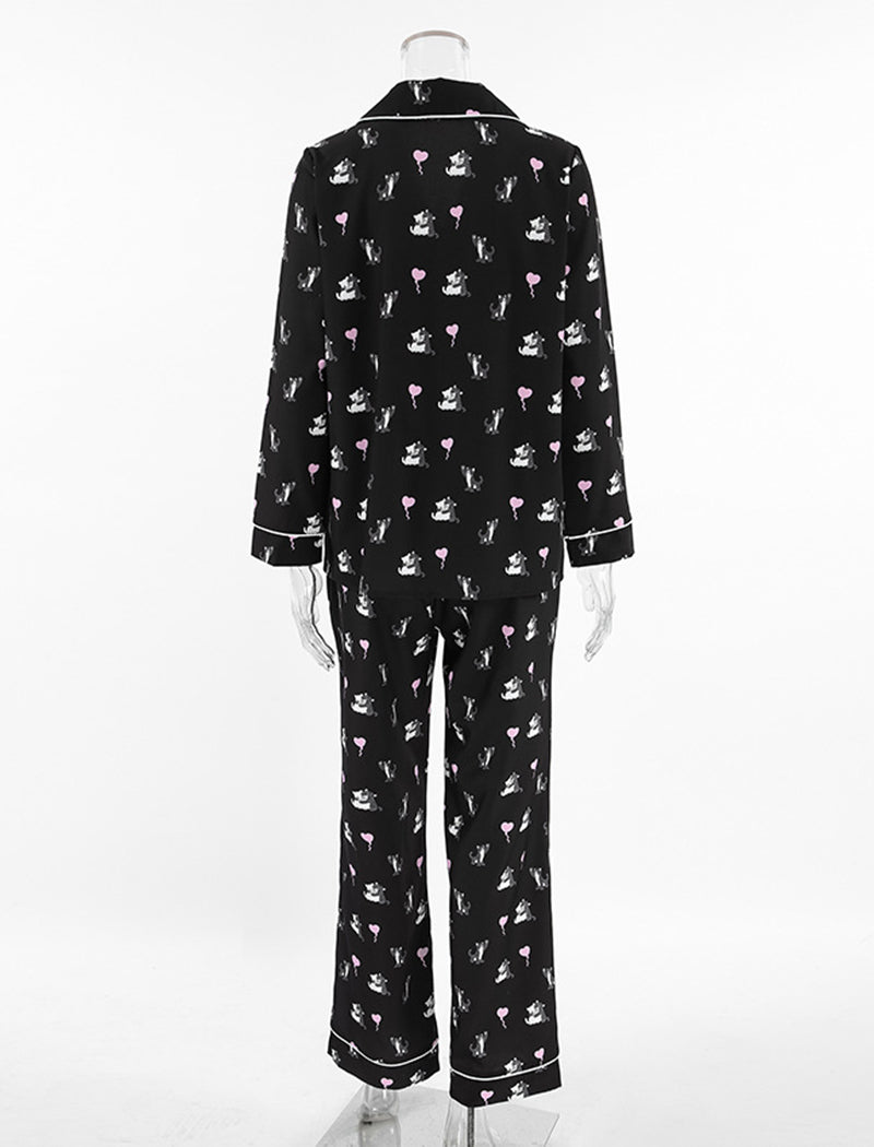Satin Pajama Set with Cat Print