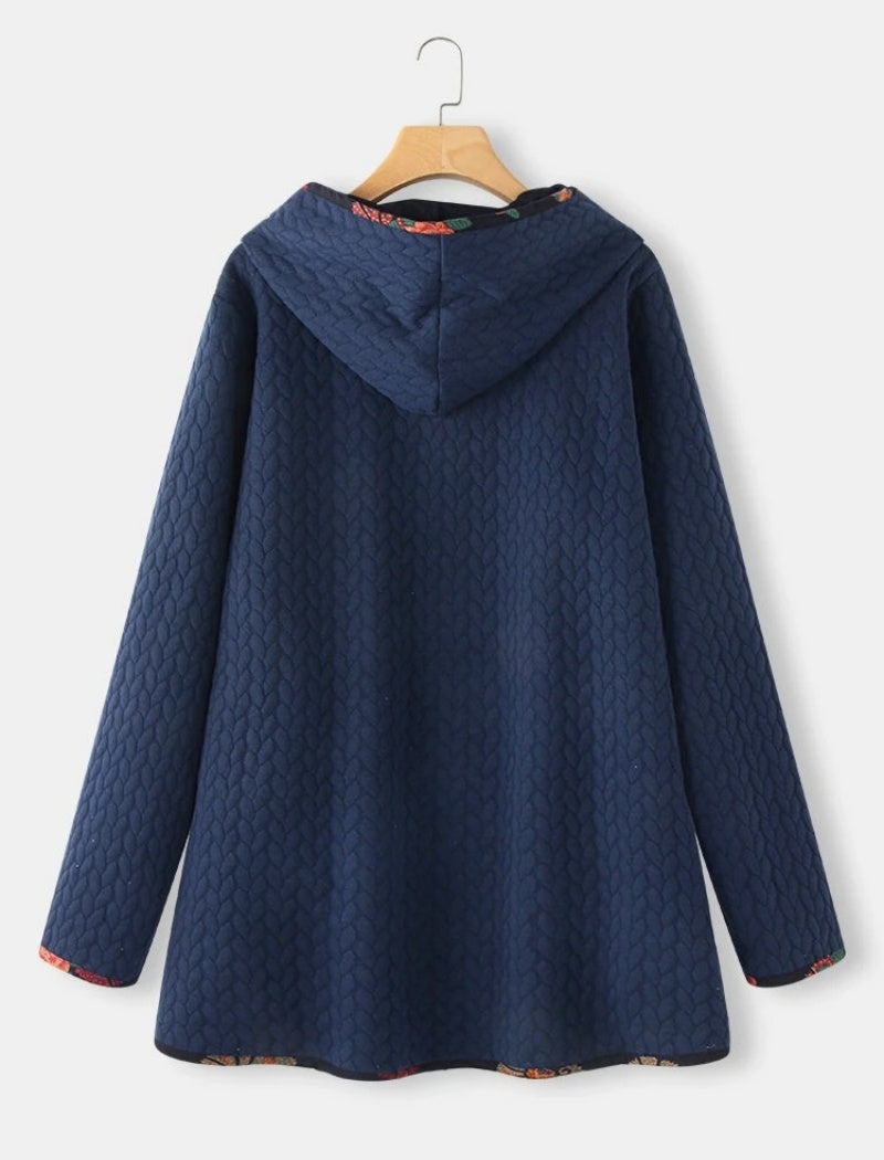 Quilted Hooded Long Jacket with Printed Lining