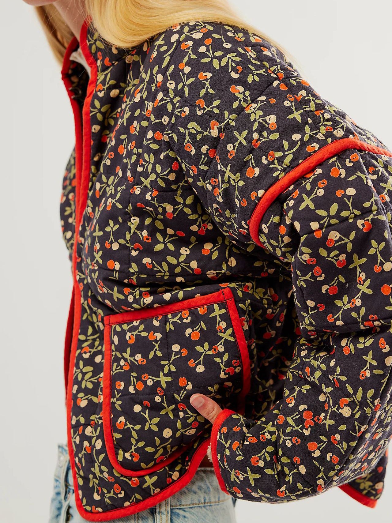 Quilted Floral Print Color Block Coat