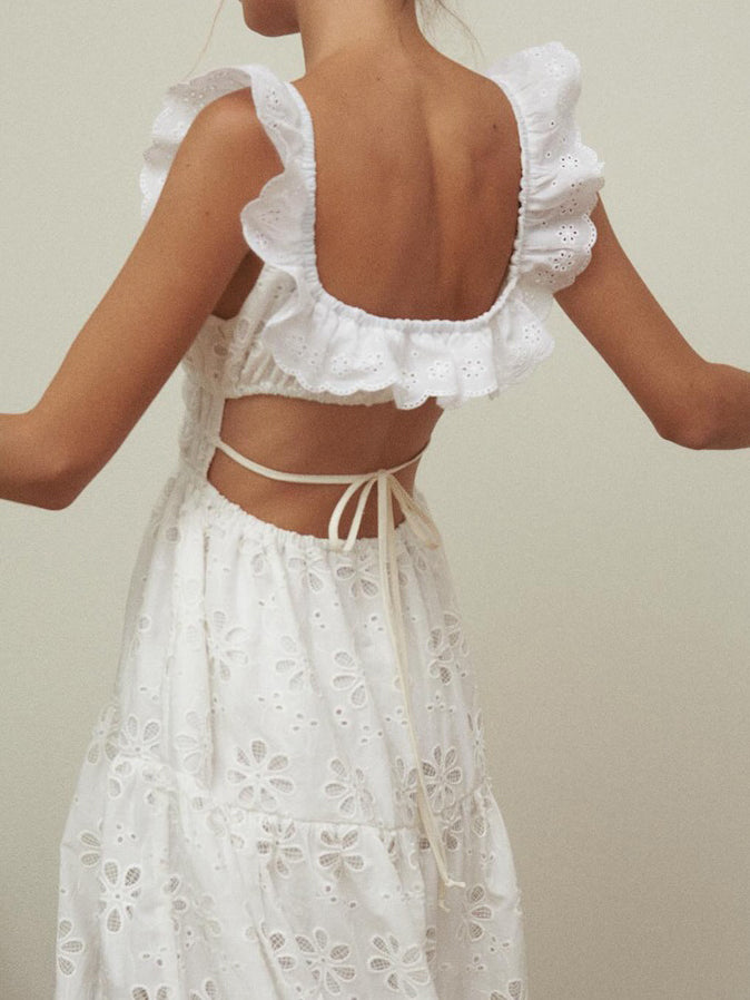 Eyelet Ruffle Sleeve Maxi Slit Dress