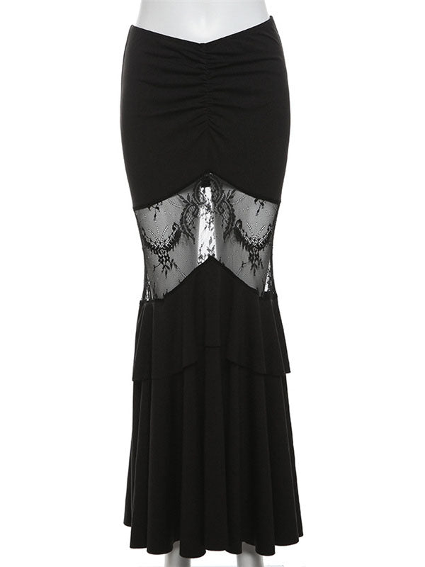 Flare Ruffle Lace Maxi Skirt