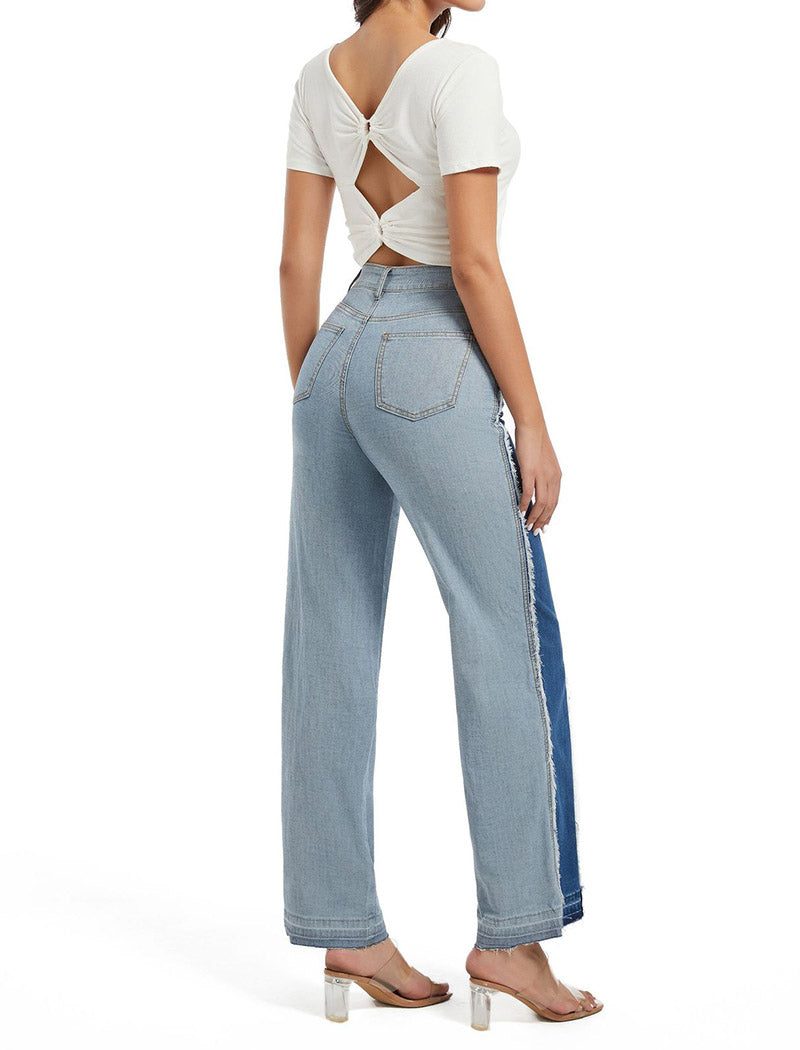 Two-Tone Wide-Leg Jeans with Seam Detailing