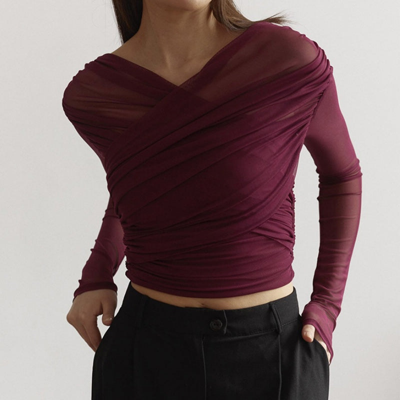 Draped Mesh Long Sleeve Top