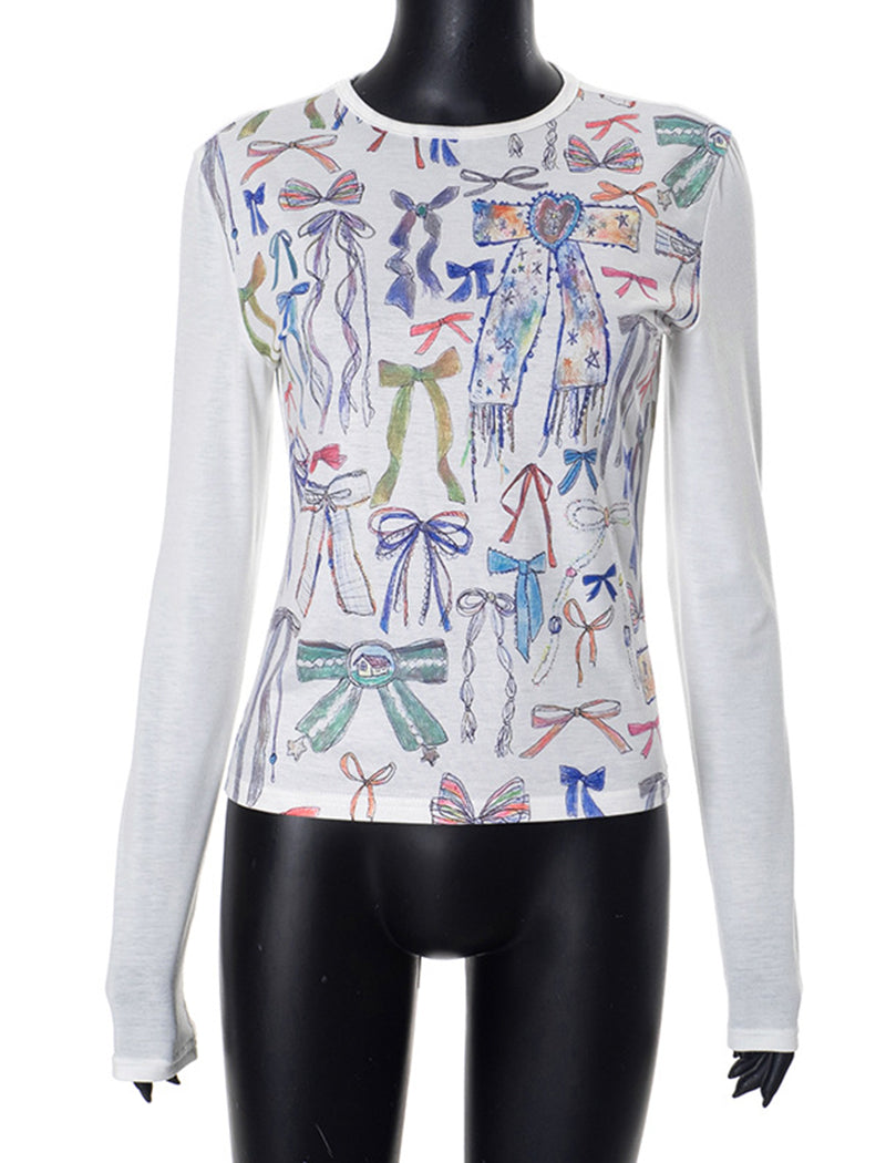 Bowknot Printed Slim Long Sleeve Tee